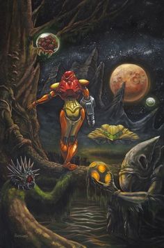 an image of a painting of a man in the middle of a forest with alien like creatures