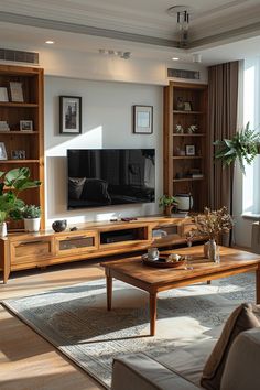 a living room filled with furniture and a flat screen tv on top of a wooden shelf