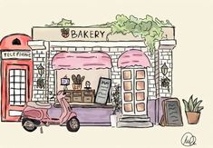 a drawing of a bakery with a scooter parked outside