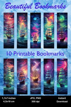 "Set of 10 printable bookmarks featuring neon light art of a tall ship sailing across moonlit seas with clouds, moon, and stars, perfect for fantasy book lovers. Fantasy Sea, Creative Bookmarks, Tall Ship, Adventure Of The Seas, Stormy Sea, Book Marks, Printable Books, Gift Diy, Sea Art