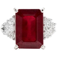 13.60 Carats Impressive Natural Red Ruby and Diamond 14K White Gold Ring Total Red Ruby Weight is Approx. 13.00 Carats Ruby Measures: Approx. 13.00 x 11.00mm Ruby Treatment: Lead Glass Filling Natural Round Diamonds Weight: Approx. 0.60 Carats (color G-H / Clarity SI1-SI2) Ring size: 7 (we offer free re-sizing upon request) Ring total weight: Approx. 7.8 grams Disclaimer: all weights, measurements and colors are approximate and may vary slightly from the listed dimensions or as seen in the image I See Red, Leaded Glass, Ruby Diamond, 14k White Gold Ring, Red Ruby, White Gold Ring, Natural Red, White Gold Rings, Cocktail Rings