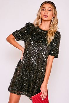 ROUND NECK PUFF SHOULDER SEQUIN DRESS Long Black Sequin Dress, Serena Dress, Sequin Dress Short, Sweatshirt Jean Jacket, Women Cargo Pants, Black Sequin Dress, Crewneck Dress, Party Outfits, Women Cargos