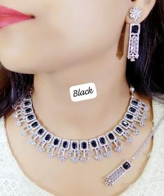 Leafy Design Black American Diamonds, Ad choker necklace set with earrings tikka, Emerald  Necklace Orchid Black Color by OMCOLLECTIONSBYDIVYA on Etsy Necklace Set With Earrings, American Diamond Jewellery, American Diamond Necklaces, Diamond Jewelry Necklace, Choker Necklace Set, Emerald Necklace, Polish Silver, Black American, American Diamond