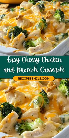 broccoli and chicken casserole in a white dish with cheese on top