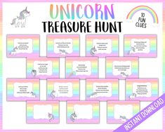 the unicorn treasure hunt is shown with rainbows and clouds