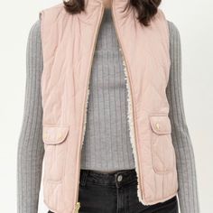 Padded Reversible Vest. Four Pockets, Two On Each Side. Stitched Colored Side, Sherpa On Opposite Side Of Vest. Pink Spring Outerwear With Fleece Lining, Pink Outerwear For Winter Layering, Cozy Pink Outerwear For Layering, Pink Winter Layering Outerwear, Casual Pink Outerwear With Faux Fur Lining, Pink Quilted Outerwear For Cold Weather, Cream Sherpa Vest Outfit, Tan Sherpa Vest Outfit, Pink Fitted Vest For Winter