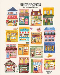 the front cover of an illustrated book with many shops and stores in different colors on it