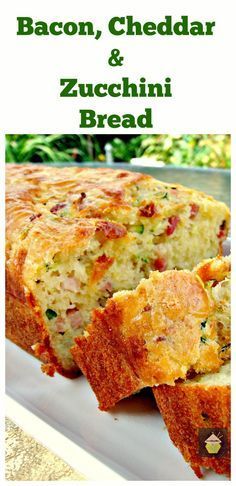 bacon, cheddar and zucchini bread is shown on a white plate