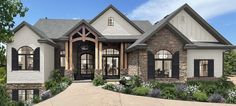 this is an artist's rendering of a house in the country style with stone and wood accents