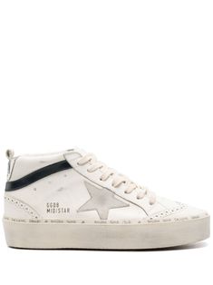 Find GOLDEN GOOSE DELUXE BRAND Mid Star High-top Sneakers on Editorialist. off-white/black/grey calf leather/calf suede round toe signature Ghillies brogue trim front lace-up fastening logo-debossed tongue pull-tab at the heel contrasting branded heel counter signature star patch to the sides slogan print to the side flatform sole slogan print at the sole branded insole Golden Goose Sneakers High Tops, Golden Goose Mid Star, Golden Goose Mid, Golden Goose Sneakers, Leather High Tops, Dream Shoes, Pull Tab