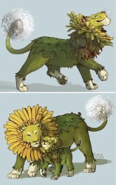 two pictures of lions with dandelions on their backs