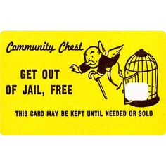 a yellow card with an image of a bird in a cage and the text community chest get out of jail, free this card may be kept until needed or sold