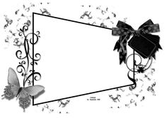 a black and white photo frame with butterflies on the side, and a bow in the middle