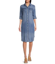 From Reba&#x2C; this dress features:Chambray fabricationPoint collar neckline Long sleeves with roll-tabPockets at chestPockets in sideMedium washFrayed shirttail hemlineButton-front closureApprox. 43" lengthTencelHand washImported.