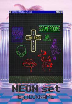 the game room is filled with neon signs and symbols for various things to see in it