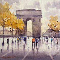 a painting of people walking in the rain with umbrellas near an arc de trioe