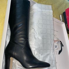 Brand New Never Worn Formal Mid-calf Boots With Stacked Heel, Office Knee-high Boots With High Heel And Medium Width, Chic Medium Width Heeled Boots With Reinforced Heel, Knee-high High Heel Boots For Office, Medium Width High Heel Knee-high Boots For Office, Chic Boots With Reinforced Heel, Chic Boots With Reinforced Heel And Medium Width, Elegant Tall Boots With Block Heel, Chic Block Heel Boots For Business