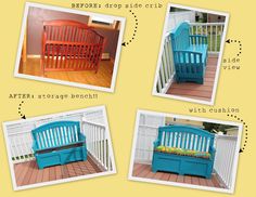 four different pictures of a blue bench on the porch with instructions for how to paint it