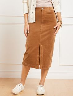 Your season-ready A-line skirt in plush corduroy. Crafted in the midi length you love. It’s the closet must-have. Features Midi Skirt Hits Below Knee Fly front with button closure Five pocket Imported Fit: Misses: 30"; Petite: 27 1/2"; Plus: 30"; Plus Petite: 27 1/2" Material: 98% Cotton, 2% Spandex Care: Machine Wash Cold; Only Non-Chlorine Bleach When Needed; Tumble Dry Low; Warm Iron, If Needed | Corduroy A-Line Midi Skirt Talbots Corduroy Skirt Outfit Winter, Gray Skirt Outfit, Corduroy Skirt Outfit, Camel Skirts, Midi Skirt Outfit, Winter Skirt Outfit, Capsule Outfits, Classic Women, Street Style Trends