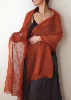 This knitted lightweight shawl is a perfect accessory for special occasions and everyday wearing. It is very comfortable to wear. So soft and pleasant to the touch.  There are many wearing options. Cover up your shoulders, wear it as a scarf around your neck, or wrap it around your head. Style it with a light dress or a warm jacket and coat.  The scarf can be worn both in summer and in the cooler seasons. It is knitted of 100% linen yarn. Linen is natural, non-allergenic, non-static, gives UV pr Silk Shawl Terracotta, Mantel Cover Scarf, Dress Shawl Cover Up Brown, Elegant Wrap Shawl For Layering, One Size Shawl Wrap For Spring, One Size Spring Shawl Wrap, Elegant Shawl Wraps For Layering, Elegant Shawl Wrap For Layering, Shawl For Layering