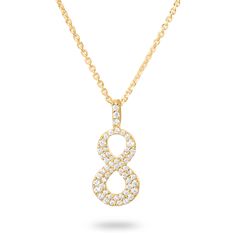 The “Number Eight” pendant necklace features lab-grown diamonds in either 10K or 14K white or yellow gold. Available in 10K or 14K white or yellow gold Available chain lengths: 16 and 18 inches Set with round lab-grown diamonds, 0.34ctw. Attention to quality and detail is paramount to Ivy Jewelry Made in New York City Looking for numbers larger than nine? Ivy Jewelry offers customizable “double numbers” (00, and 10-99). Please contact us for pricing and details. Inspiration Lucky girls wear Ivy Diamond White Infinity Necklace, Yellow Gold Cubic Zirconia Necklace With Cable Chain, Diamond White Infinity Necklace Fine Jewelry, Diamond White Infinity Necklace, Fine Jewelry, Diamond White Infinity Necklace In Fine Jewelry, Yellow Gold Diamond Necklace With Cubic Zirconia, Gold Diamond Infinity Necklace, Infinity Diamond Necklace In Yellow Gold, Yellow Gold Infinity Necklace Fine Jewelry