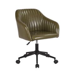 a green leather office chair with wheels on an isolated white background for use as a desk or computer chair