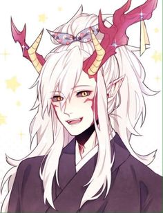 an anime character with long white hair and horns