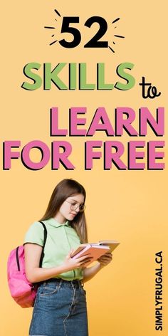 a girl with a pink backpack is reading a book and has the title 52 skills to learn for free