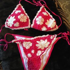 Bought In Cabo But Never Got To Wear. The Detail Is Awesome And This Pink Really Stands Out. Both Mediums Fitted Crochet Lace Swimwear For Beachwear, Crochet Swimwear For Swimming, Fitted Crochet Swimwear For Swimming, Handmade Fitted Pink Swimwear, Knit Clothes, Knit Outfit, Pink And White, Crochet Bikini, Womens Swim