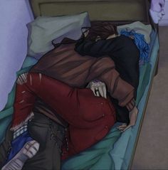 a painting of two people laying on a bed with their arms around each other,