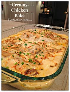 a casserole dish with mushrooms, cheese and sauce in a glass baking dish