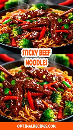 two pictures of beef noodles with broccoli, peppers and carrots in them