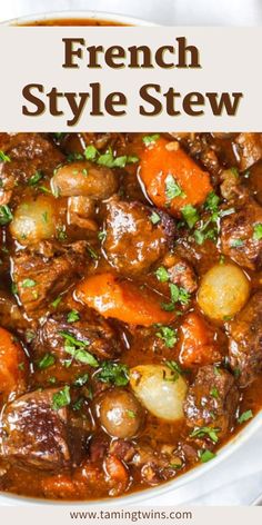 french style stew in a white bowl with carrots and parsley on the side