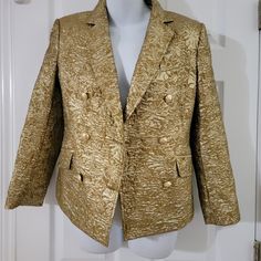 Sizes 4, 8 Myla Metallic Designer Spring Blazer For Formal Occasions, Designer Spring Formal Blazer, Luxury Gold Outerwear For Spring, Luxury Fitted Blazer With Gold Buttons, Gold Fitted Double-breasted Blazer, Designer Silk Blazer For Fall, Fall Wedding Silk Outerwear, Gold Double-breasted Elegant Blazer, Luxury Gold Double-breasted Outerwear