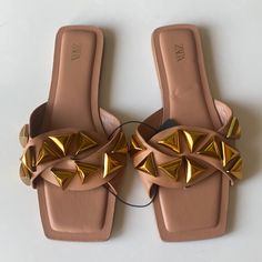 Zara Studded Tan Square Toe Sandals Nwt Size 36 Beige Flat Sandals By Zara, Zara Beige Flat Sandals, Zara Gold Sandals For Beach, Zara Beige Sandals For Vacation, Zara Summer Sandals In Beige, Zara Beige Summer Sandals, Beige Zara Summer Sandals, Zara Beige Party Sandals, Zara Beige Casual Sandals