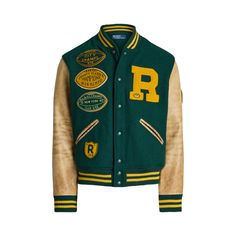 With its wool-blend body contrasting leather sleeves and striped ribbed trim the letterman jacket has been an essential part of the high school and college athlete’s wardrobe for generations. Polo Ralph Lauren’s version features an array of signature championship-inspired patches. Luxury Varsity Jacket For College In Fall, Luxury Fall Varsity Jacket For College, Luxury Green Outerwear For Fall, Luxury Green Fall Outerwear, Ralph Lauren Leather, Ralph Lauren Boys, Wool Blend Jacket, Letterman Jacket, Ralph Lauren Purple Label