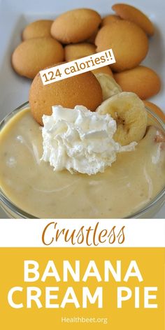 banana cream pie with cookies in the background and text overlay that reads crumbles