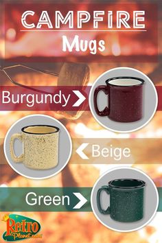 three different types of campfire mugs are shown in this graphic above the image