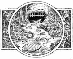 an illustration of a tunnel in the woods with barrels and other items around it, vintage line drawing or engraving