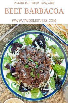 beef barbacoa on a blue and white plate