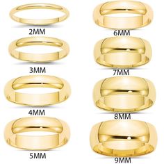 four different sizes of wedding rings with measurements for each ring and the size to choose from