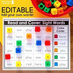 a printable sight words game with legos in the background and an orange bowl full of blocks