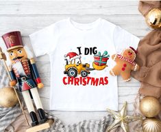 "Kids Christmas Truck Shirt-Toddler Holiday Shirts-Christmas Tractor Toddler-Boys Holiday Shirt- Christmas Tree Farm-I Dig Christmas Shirt. HOW TO ORDER: *    Select size & sleeve length  *    For personalized designs - enter your customization in the \"Add your personalization\" box.  *    ADD TO CART and proceed to checkout *    Type additional order information in the \"Note to seller\" Box. CARE  *    Wash inside out w/cold water  *    Low heat tumble dry. PRODUCTION TIME: This item made to Summer Camp Gift, Christmas Tractor, Toddler Christmas Shirt, Holidays With Toddlers, Truck Shirt, Monogrammed Beach Towels, Truck Shirts, Cricut Christmas, Boys Graphic Tee