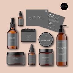 an assortment of skin care products displayed on a pink and gray background with the words, thank you all for today