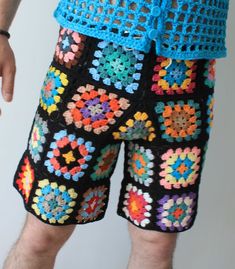 Crochet Shorts Granny Square Shorts Hippie Shorts Handmade Pants READY TO SHIP - Etsy Hippie Multicolor Shorts For The Beach, Hippie Multicolor Shorts For Beach, Multicolor Hippie Shorts For Vacation, Hippie Multicolor Beach Shorts, Hippie Multicolor Bottoms For Beach Season, Fun Multicolor Shorts For Beach, Fun Multicolor Beach Shorts, Playful Black Bottoms For The Beach, Playful Black Beach Shorts