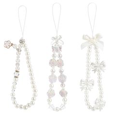 PRICES MAY VARY. 【3 Pack】3 pieces white pearl butterfly bow flower phone charms will be delivered to you under this package. 【Premium Material】This phone charms strap is made of faux pearls, acrylic beads, polymer clay and strong nylon rope, which is durable with a long service life. 【Anti-slipping】The flower phone charm strap is sturdy and durable, easy to carry, can be hung on your wrist to prevent your phone from falling or losing, its size is suitable for most people. 【Aesthetic Design】These Simple Phone Charms, Phone Charms Aesthetic Simple, Pearl Phone Strap, Phone Bracelet Ideas, Pearl Crafts Ideas, Bag Charm Beads, White Phone Strap, Phone Strap Aesthetic, Diy Phone Charms