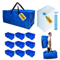 the man is carrying many items in his blue bag