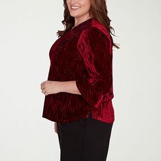 Get ready for parties or holiday soirees wearing this swish Alfred Dunner women's plus blouse from the Runway Ready collection. Made from crinkled stretch-velvet, this pullover top comes with an embellished crew neck cut-out and 3/4 flared cuff sleeves. Wear it with tailored pants and heels. Closure Type: Pullover HeadFit: Regular FitNeckline: Crew NeckSleeve Length: 3/4 SleeveApparel Length: 26.5 InchesFiber Content: 93% Polyester, 7% SpandexFabric Description: VelvetCare: Tumble Dry, Machine … Holiday Soiree, Alfred Dunner, Stretch Velvet, Tailored Pants, Red Blouses, Cuff Sleeves, Shirts Tops, Sleeve Blouse, Cut Out