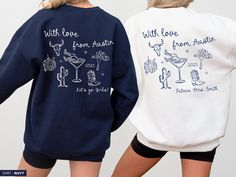 Introducing our one-of-a-kind Cowgirl-themed crewneck--designed to bring both comfort and style to your next big event! Whether you're planning a bachelorette party, birthday celebration, or simply gathering with friends, this cozy sweatshirt is the ultimate stylish gift for everyone involved. Let's kick up some dust in style! 🤠 Note 👉🏼 You can expect a draft of your custom print within 24 hours for your review and approval. Please keep an eye out for a message! ITEM DETAILS * * Crewneck Swea Customizable Crew Neck Tops For Bachelorette Party, Relaxed Fit Crew Neck Top For Bachelorette Party, Bachelorette Party Graphic Print Crew Neck Top, Fitted Graphic Print Top For Bachelorette Party, Texas Bachelorette Party, Texas Bachelorette, Bachelorette Merch, Country Bachelorette, Cowgirl Bachelorette