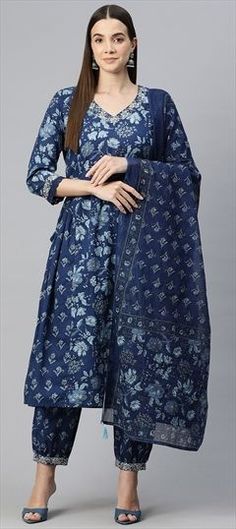 Blue color Salwar Kameez in Cotton fabric with Floral, Printed, Zari work Blue Cotton Anarkali Set With Zari Work, Blue Churidar With Printed Motifs For Festivals, Blue Unstitched Wedding Suit With Printed Motifs, Blue Wedding Unstitched Suit With Printed Motifs, Blue Cotton Unstitched Suit For Diwali, Unstitched Blue Anarkali Set With Printed Motifs, Blue Bollywood Salwar Kameez With Printed Motifs, Blue Cotton Dress With Pallu, Blue Cotton Churidar With Printed Motifs